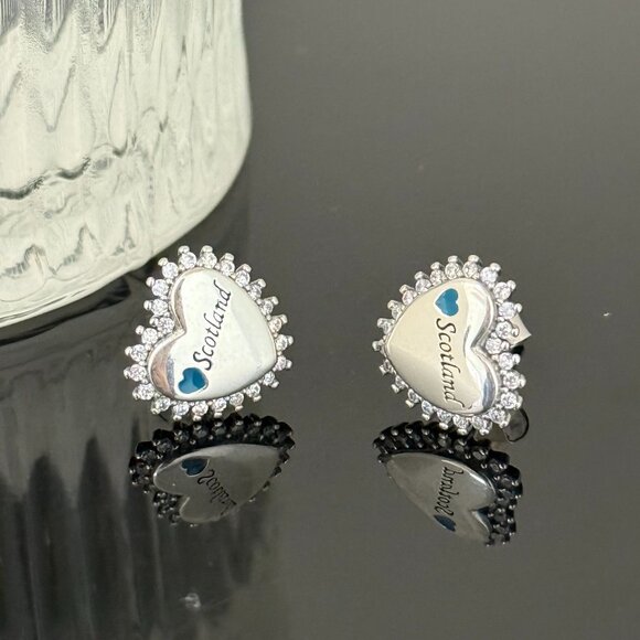Love Scotland Earrings Heart bling S925 Sterling Silver Handmade Ear Stud - Picture 2 of 5